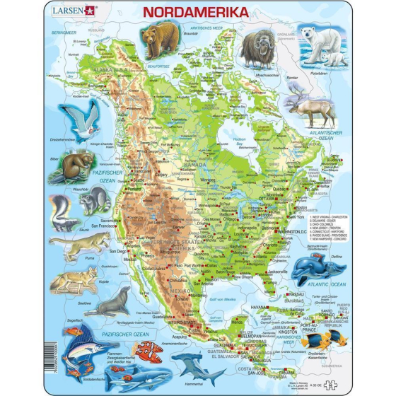 Larsen Puzzle Nordamerika, physische Karte mit Tieren, 66 Teile