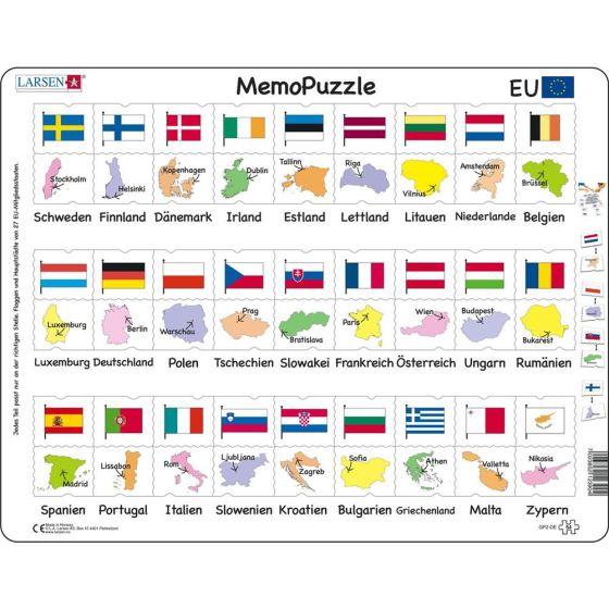 Larsen Puzzle MemoPuzzle  Namen, Flaggen und Hauptstädte der 27 EU-Mitgliedstaaten, 54 Teile