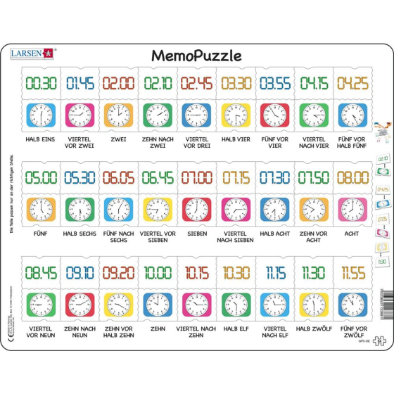 Larsen Puzzle MemoPuzzle  Die Zeit durch Text, traditionelle- und digitale Uhr, 54 Teile