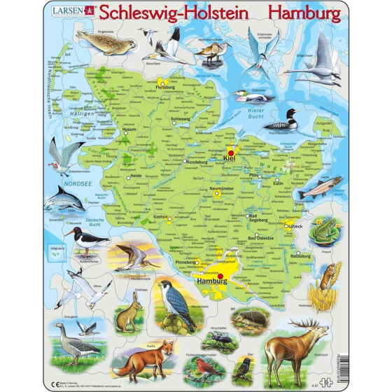Larsen Puzzle Physische Karte von Schleswig-Holstein und Hamburg, 53 Teile