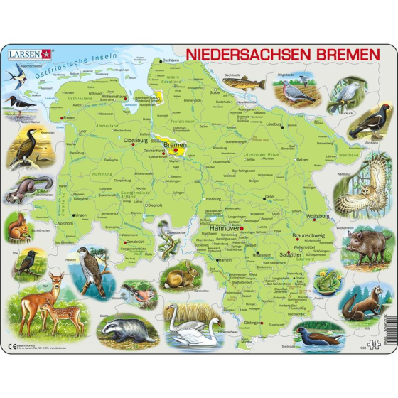 Larsen Puzzle Physische Karte von Niedersachsen und Bremen, 54 Teile