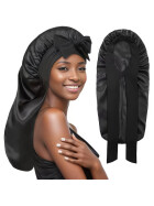 Satin Haarschlafhaube XL Bonnet zum Binden, schwarz